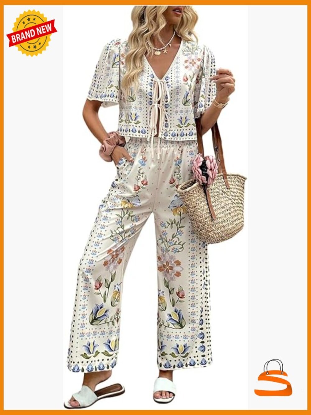Boho Floral 2 Piece Palazzo Pants Set Short Sleeve Tie Front Blouse Wide Leg